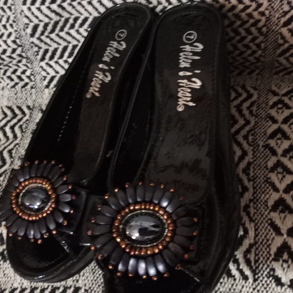 Helen's Heart Open Toe Platform Wedge Sandals Size 7M Black Faux Leather Shoes